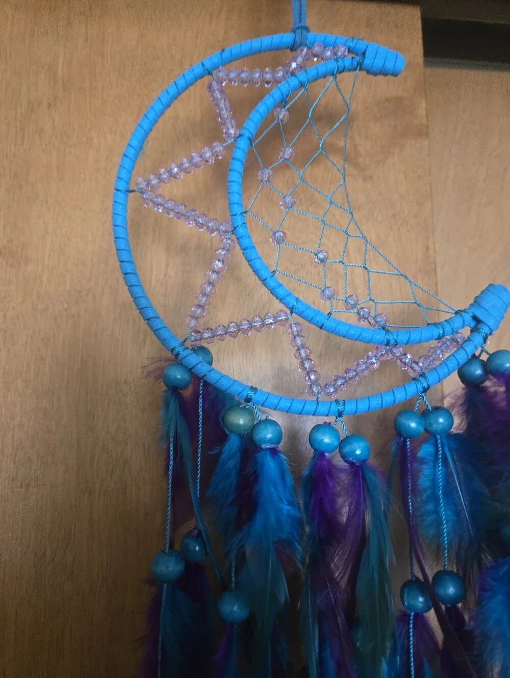 Handmade Crescent Moon Dreamcatcher – Blue Feather Boho Wall   Decor11
